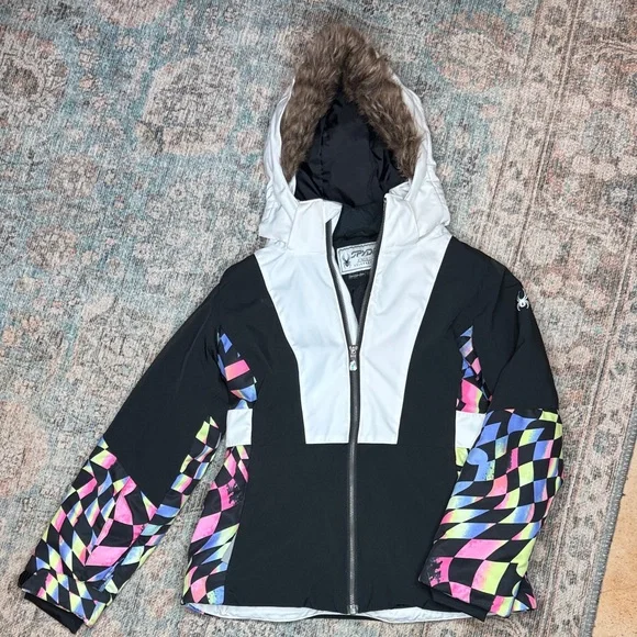 SPYDER Lola Ski Snowboarding Jacket Black & White with Colorful Accents - kid 12 - Picture 1 of 16